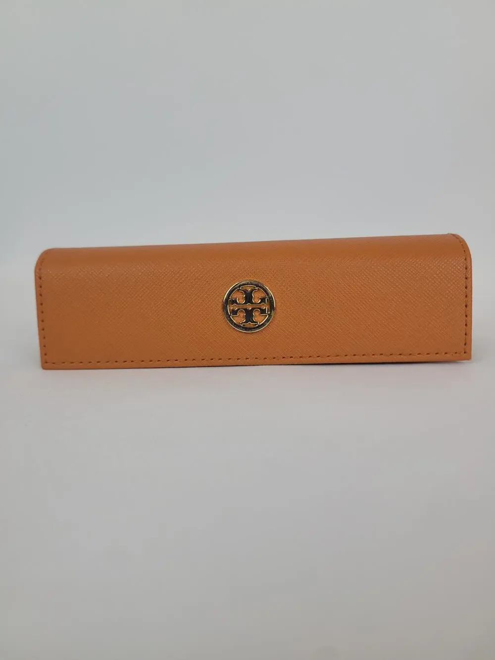 Tory Burch Eyeglass Case Orange Saffiano Leather Gold Metal Logo Designer